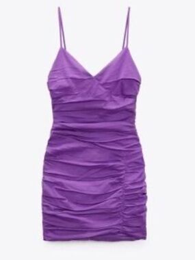 Zara Violet Linen Blend Ruched Draped Summer Spaghetti-Strap Mini Dress